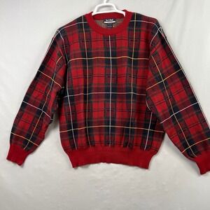 Jos. A. Bank Plaid Sweater Mens Large Tartan Red Cotton Golf Crewneck Preppy